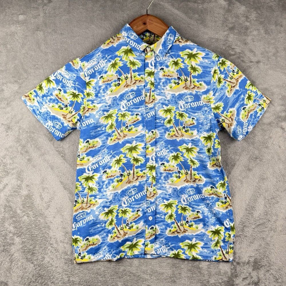 Corona Beer Hawaiian Print Button Up Shirt Mens M Blue Frat Boy Beach Novelty